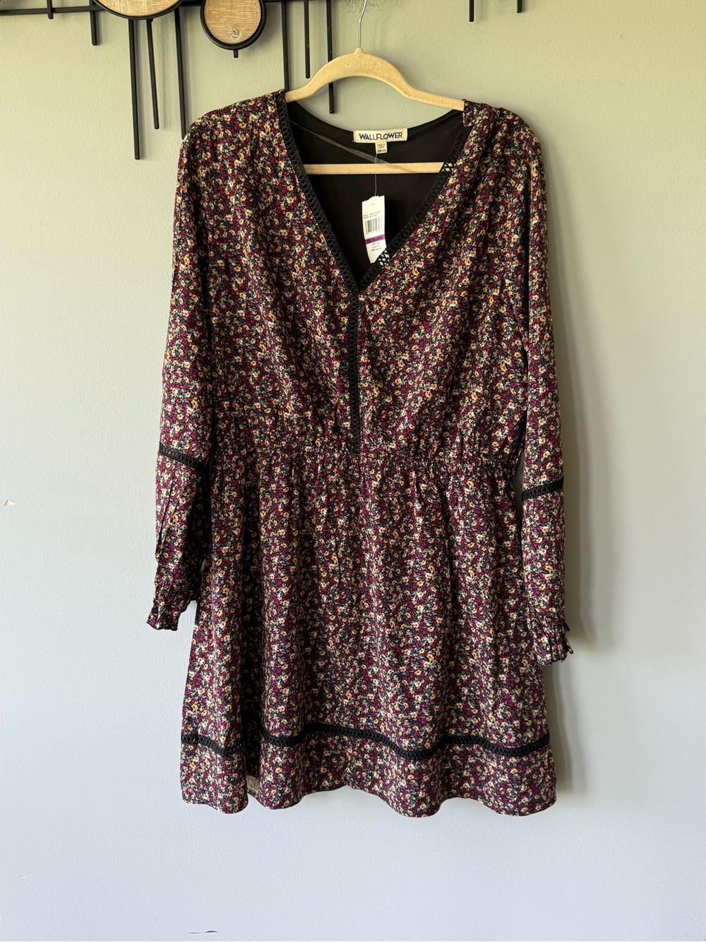 Floral Long Sleeve Dress with Black Trim and Belt